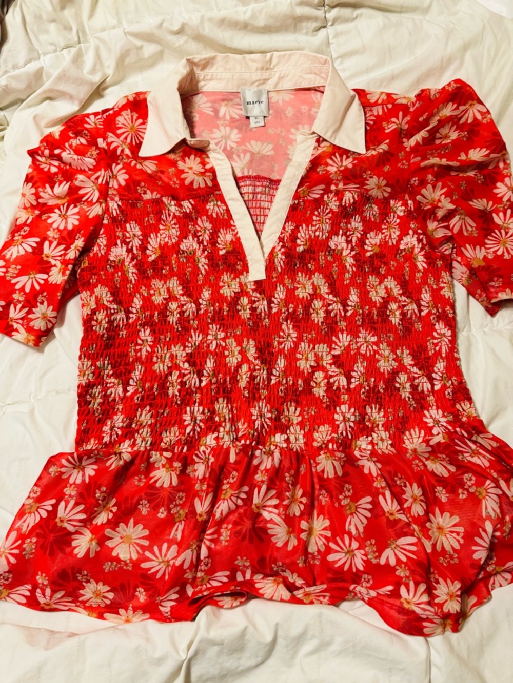 Maeve for Anthropologie Red Daisy Smocked Peplum Top
